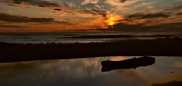 Sonnenuntergang am Strand. Im Vordergrund ein Baumstamm im Wasser.